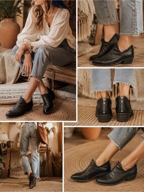 Frye Black Leather Boho Ankle Booties 7.5 Back Zip Low Heel Western